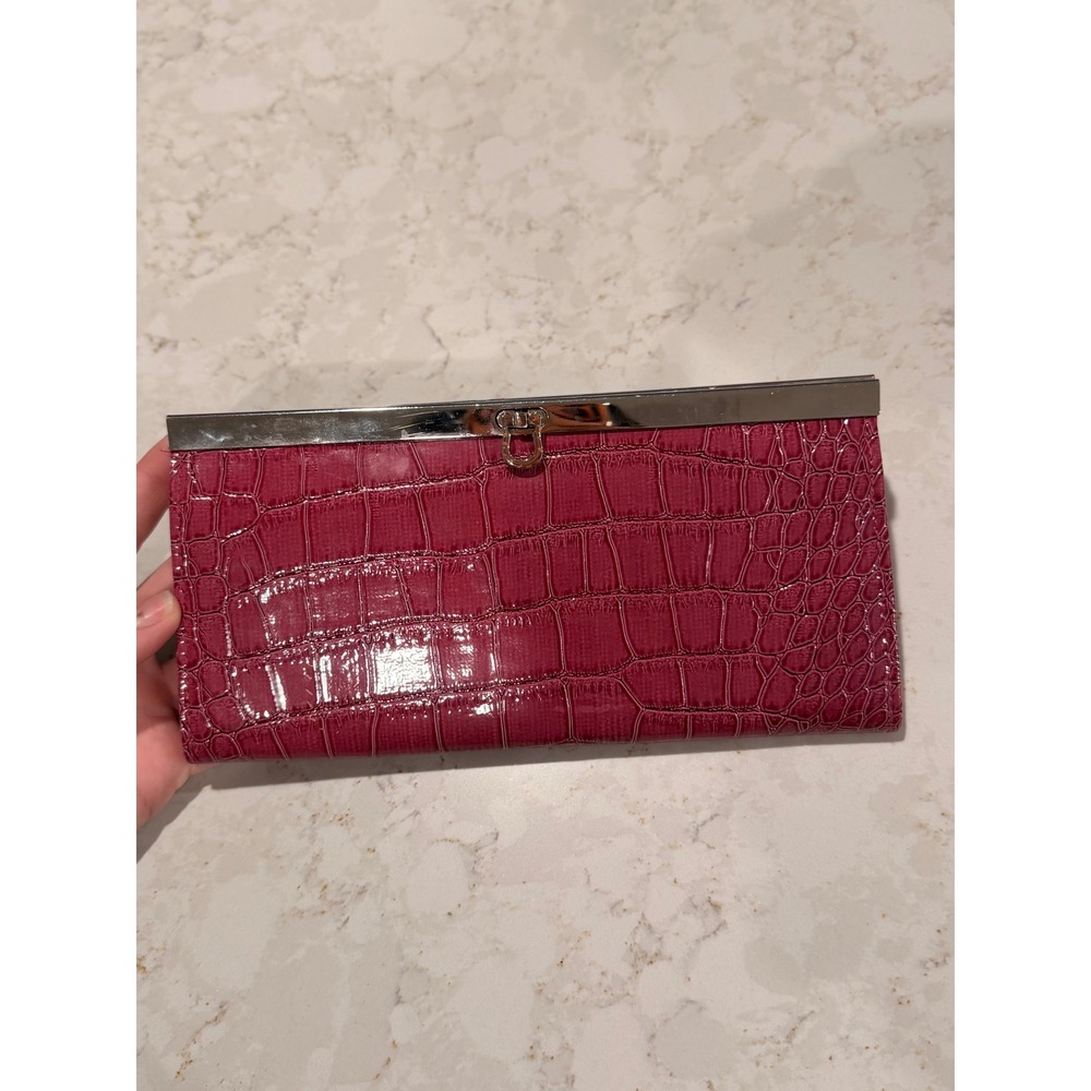 Magenta Croc Embossed Faux Leather Frame Preppy Clutch Wallet Y2K Pink